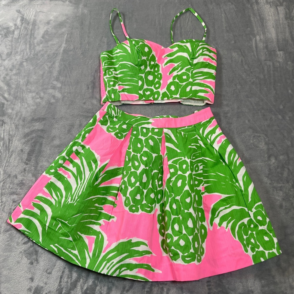 Lilly Pulitzer Set Size 0 Pink Green Pineapple Palm 2 Piece Crop Top Skirt